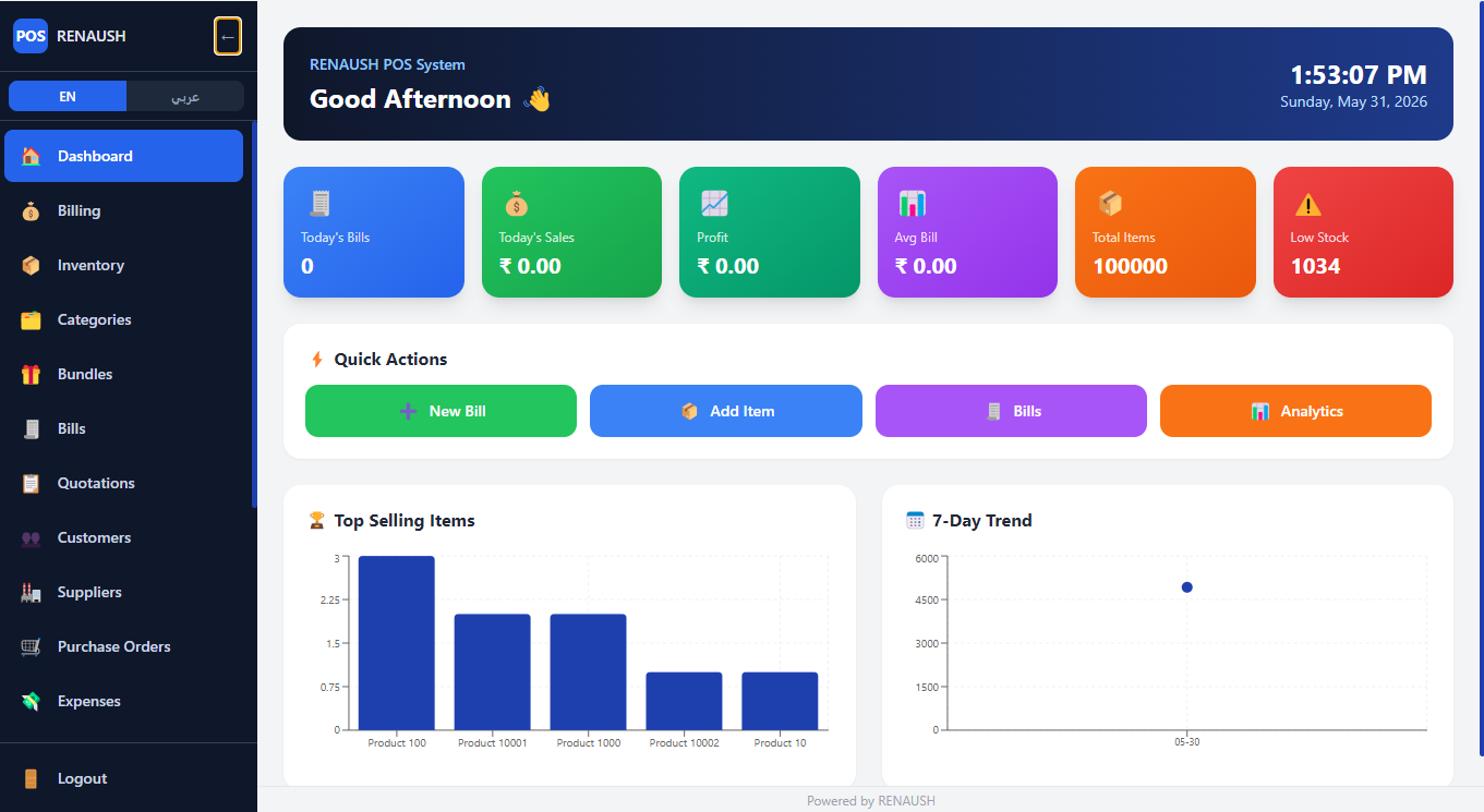 RENAUSH POS dashboard — billing, inventory, and analytics